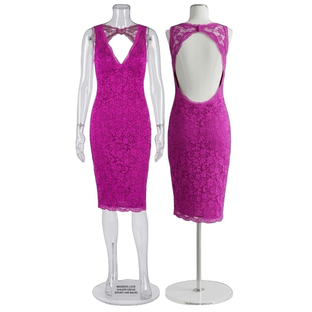 Moda Int'l Backless Lace Bodycon MD Knee Sleeveless Dress Magenta V-Neck Stretch